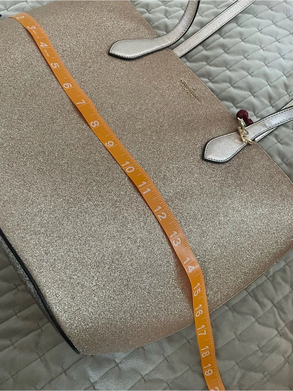 kate spade Metallic Champagne Glitter Tote with Cherry Charm